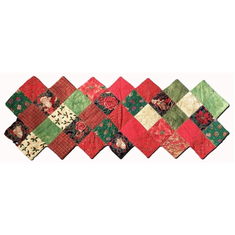 Handcrafted Christmas Quilt Pieced Table Buffet Runner Topper Reversible 32"x12"